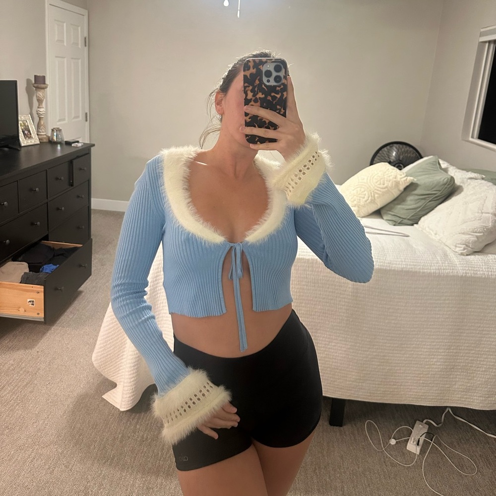 Urban Outfitters Blue Crop Top with Cream Fur Trim - festive Christmas top